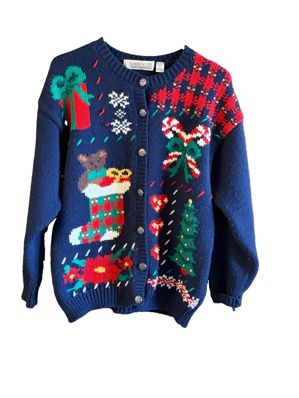 Karen Scott M Christmas Sweater Acrylic Knit Silver Buttons No Collar Long Sleev